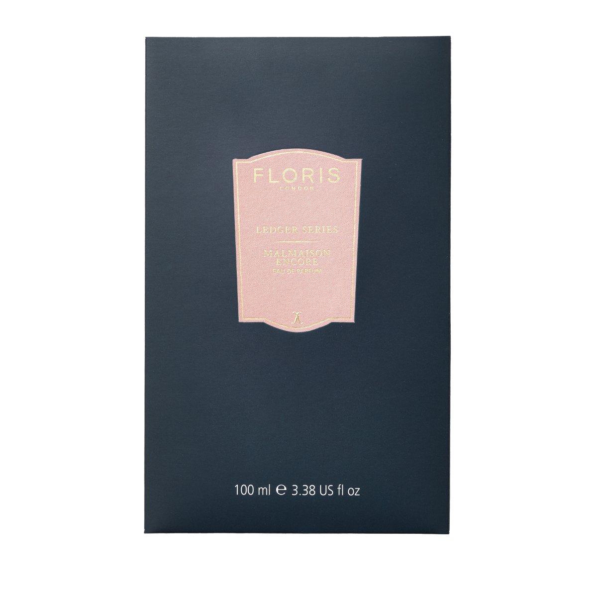 Dark blue Malmaison Encore by Floris London, 100ml, Ledger Series box with gold label; floral oriental scent with cedarwood, musk & patchouli notes.