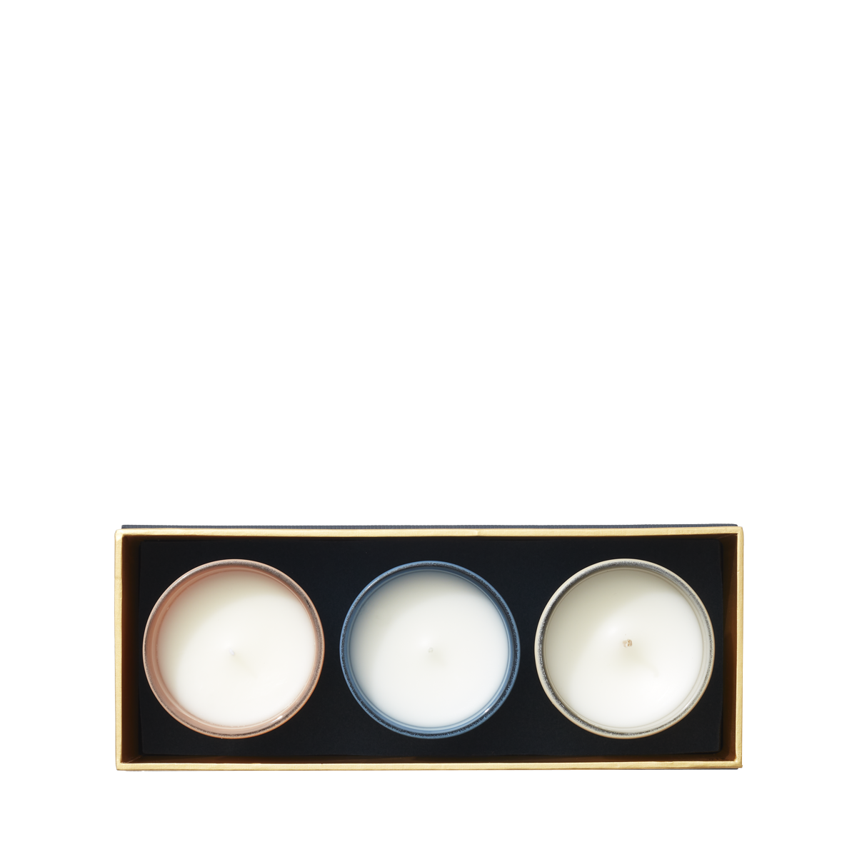 The Floris London Miniature Candle Collection features three scented candles in round containers, arranged in a rectangular black and gold box, top view.