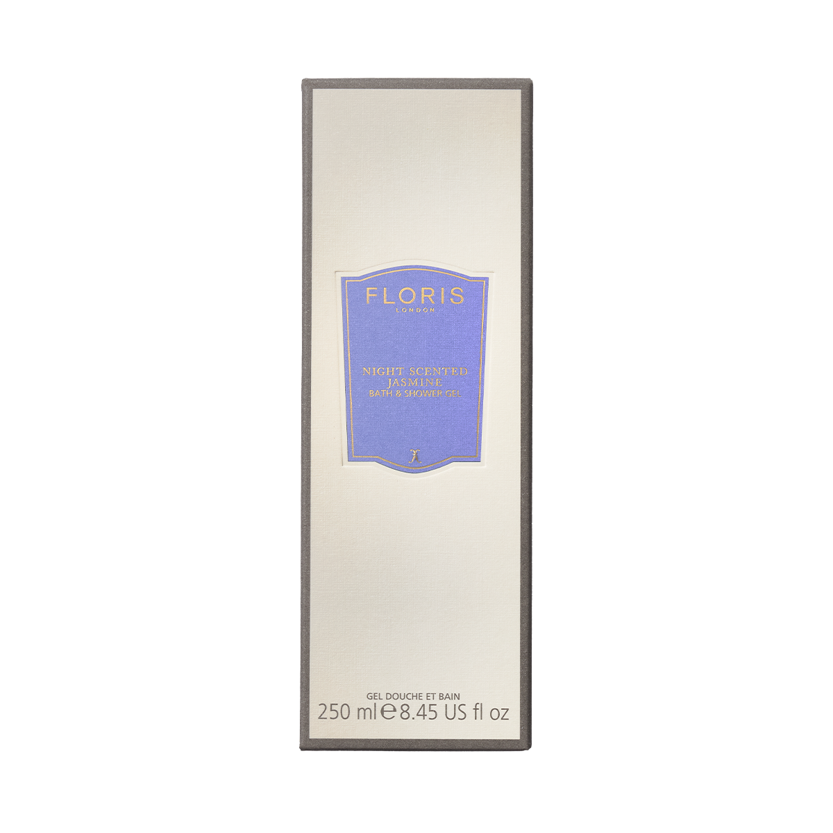Floris London Night Scented Jasmine Bath & Shower Gel 250ml, a mild, floral foaming cleanser in a cream box with purple label—for jasmine scent lovers.