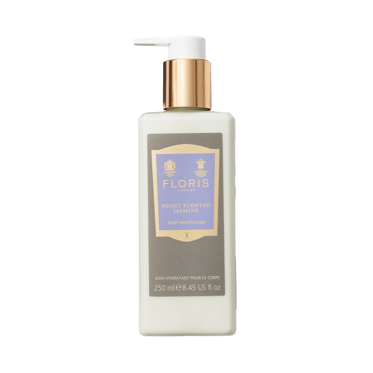 A 250ml bottle of Floris London Night Scented Jasmine Enriched Body Moisturiser with anti-ageing vitamin E, gold pump, and label.