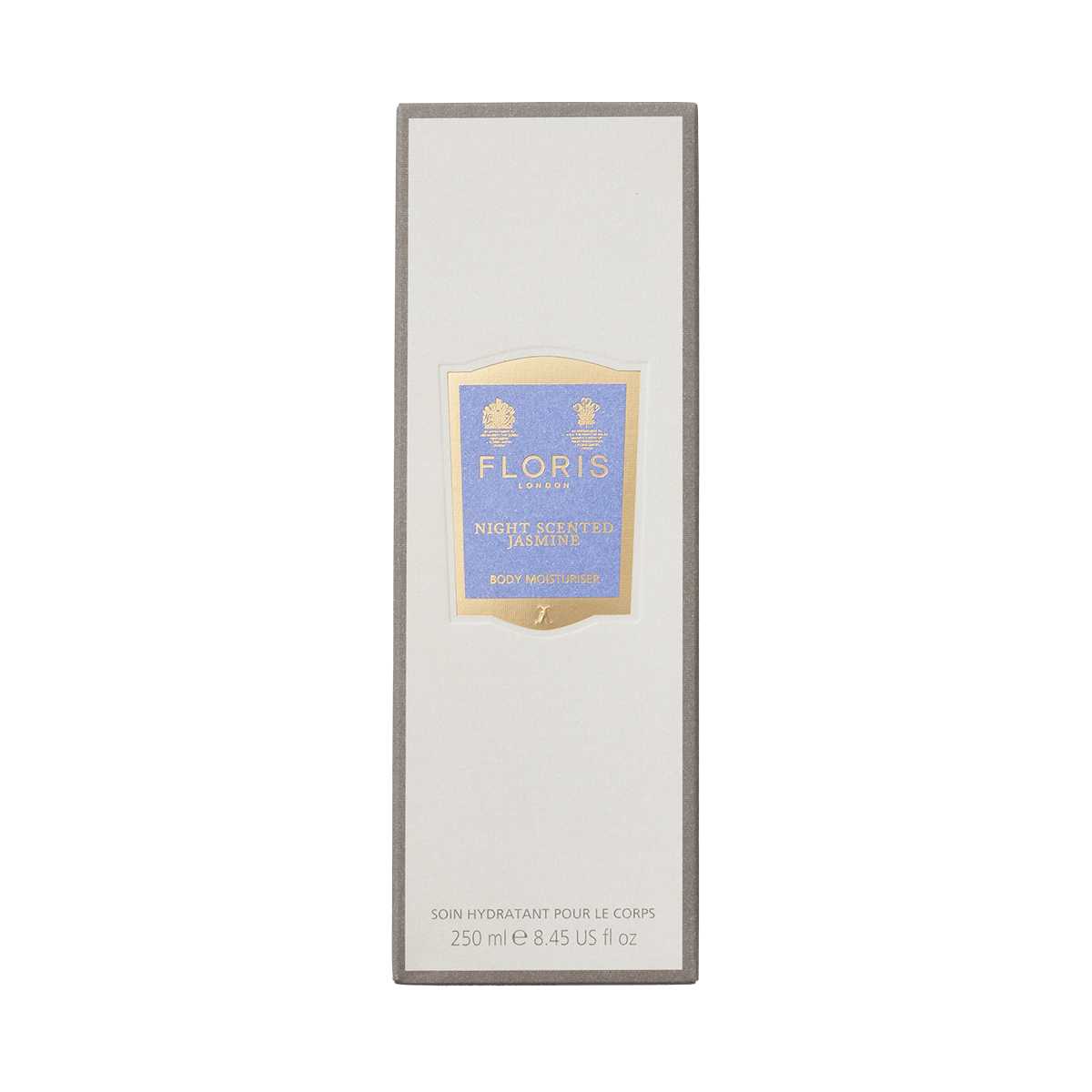 A 250 ml box of Floris London Night Scented Jasmine Enriched Body Moisturiser with a gold and blue label, featuring anti-ageing vitamin E.