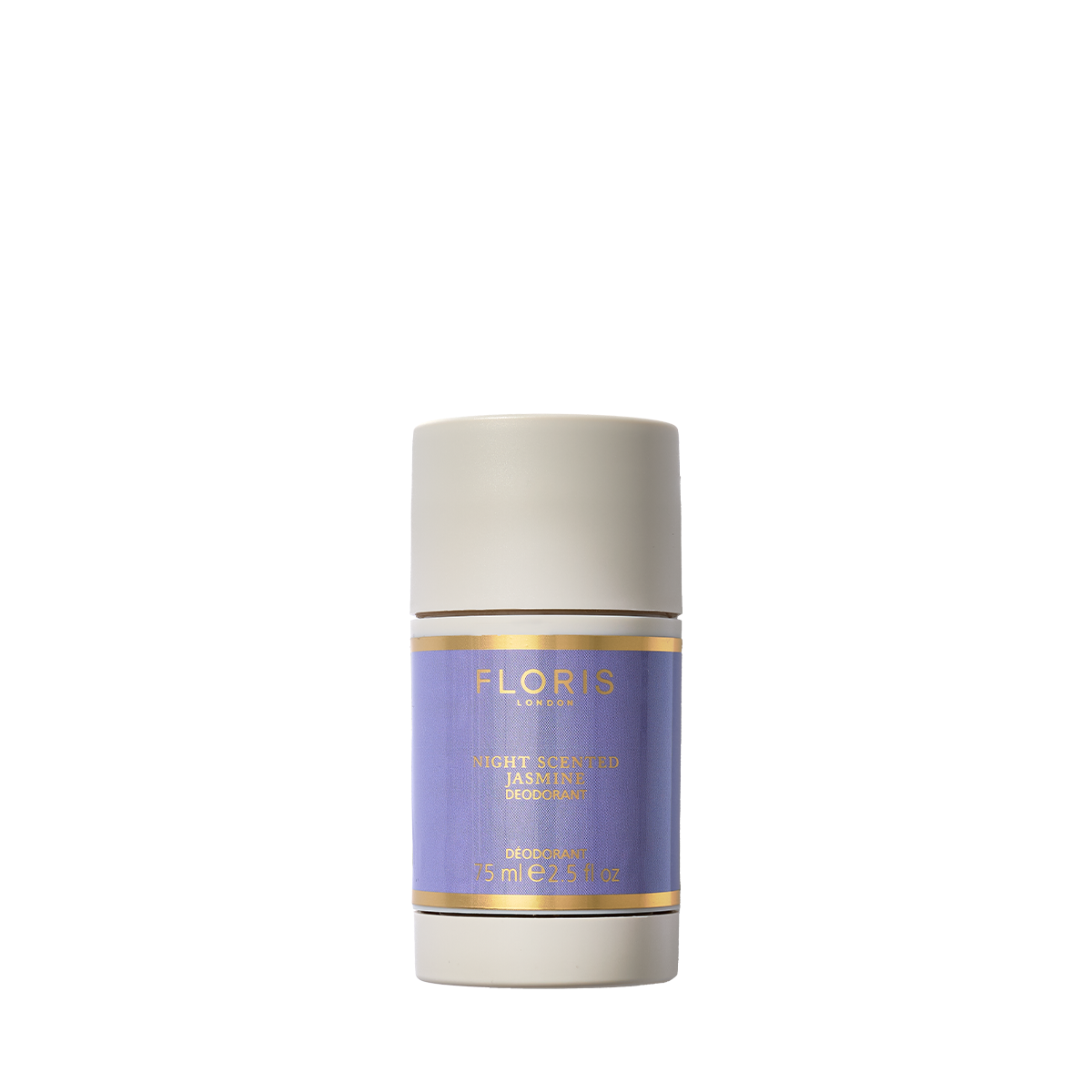 Floris London Night Scented Jasmine Deodorant Stick is antibacterial, ideal for sensitive skin, and features a light purple and gold label.
