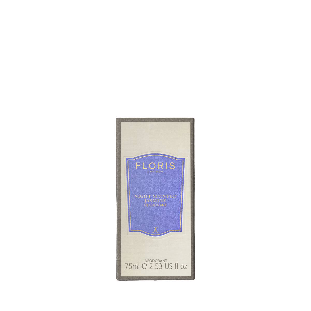 Floris London Night Scented Jasmine Deodorant Stick, 75ml, beige and purple box, aluminium-free and ideal for sensitive skin.