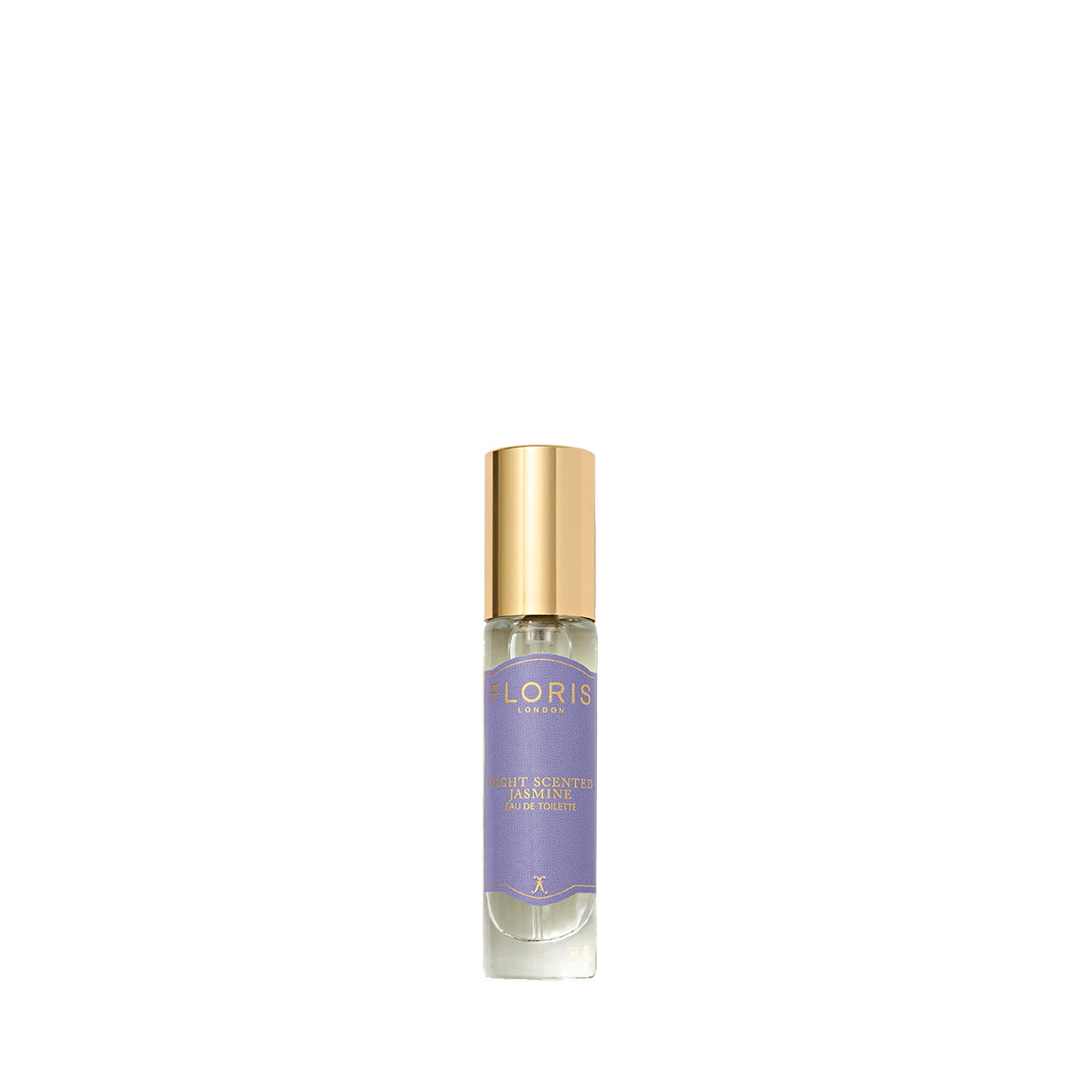 A Floris London Night Scented Jasmine Eau de Toilette with a gold cap and purple label, inspired by jasmine and neroli, sits on a white background.
