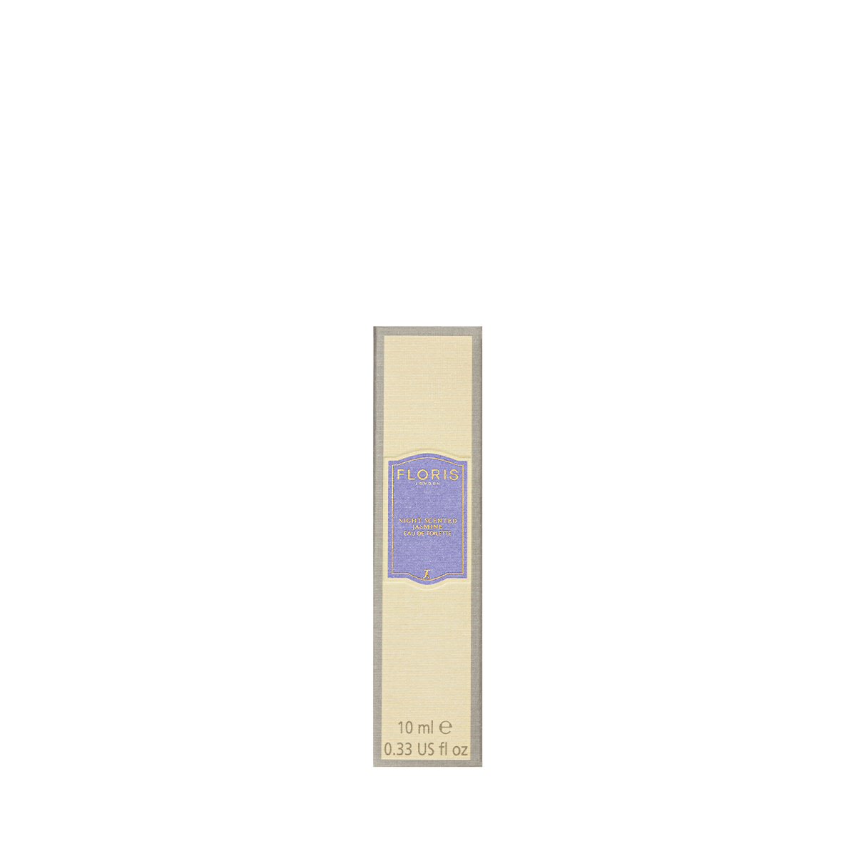 A 10 ml bottle of Floris London Night Scented Jasmine Eau de Toilette, with a beige and lavender neroli-inspired label, on a white background.