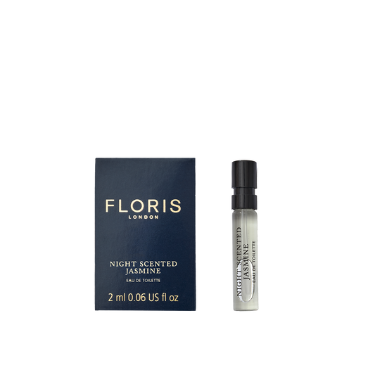 A Floris London Night Scented Jasmine Eau de Toilette sample with navy box and spray vial, featuring white jasmine notes for a captivating scent.