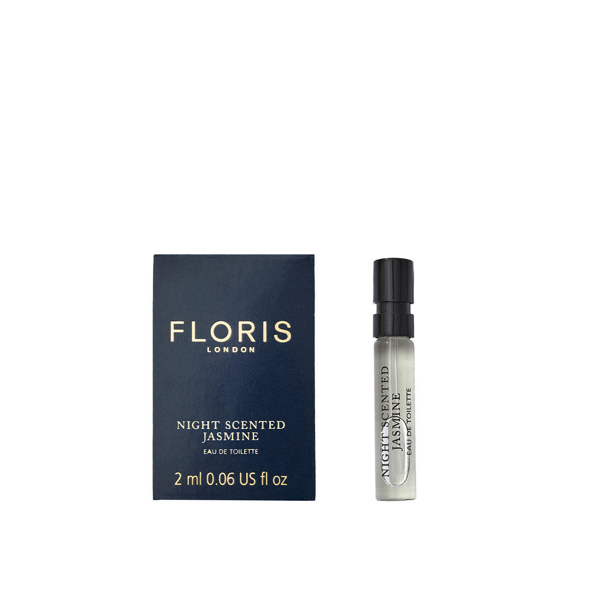A sample vial of Floris London Night Scented Jasmine Eau de Toilette, featuring white jasmine and neroli blossom, lies next to its dark blue box.