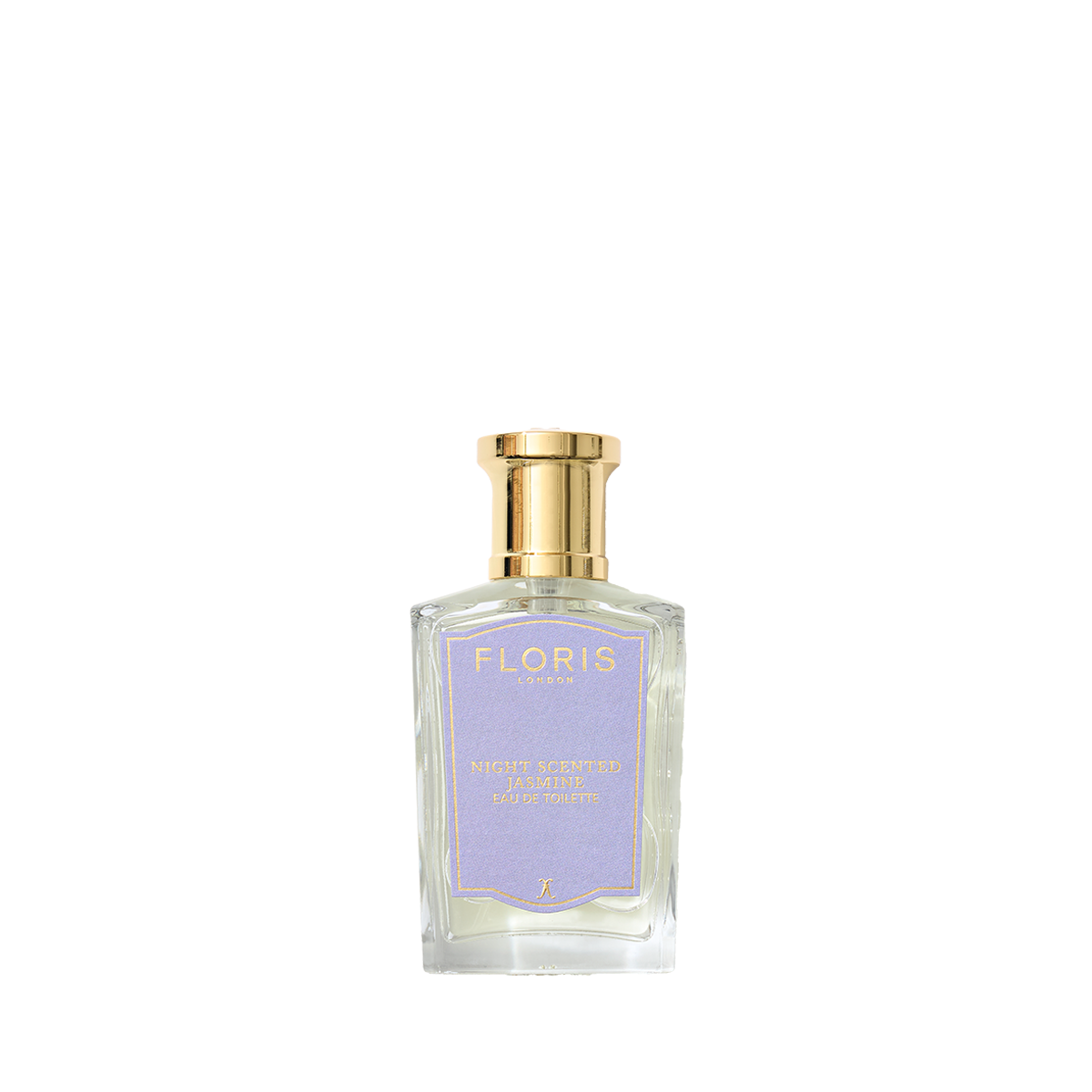 A clear glass Floris London Night Scented Jasmine Eau de Toilette bottle with a gold cap and light purple label, on a white background.