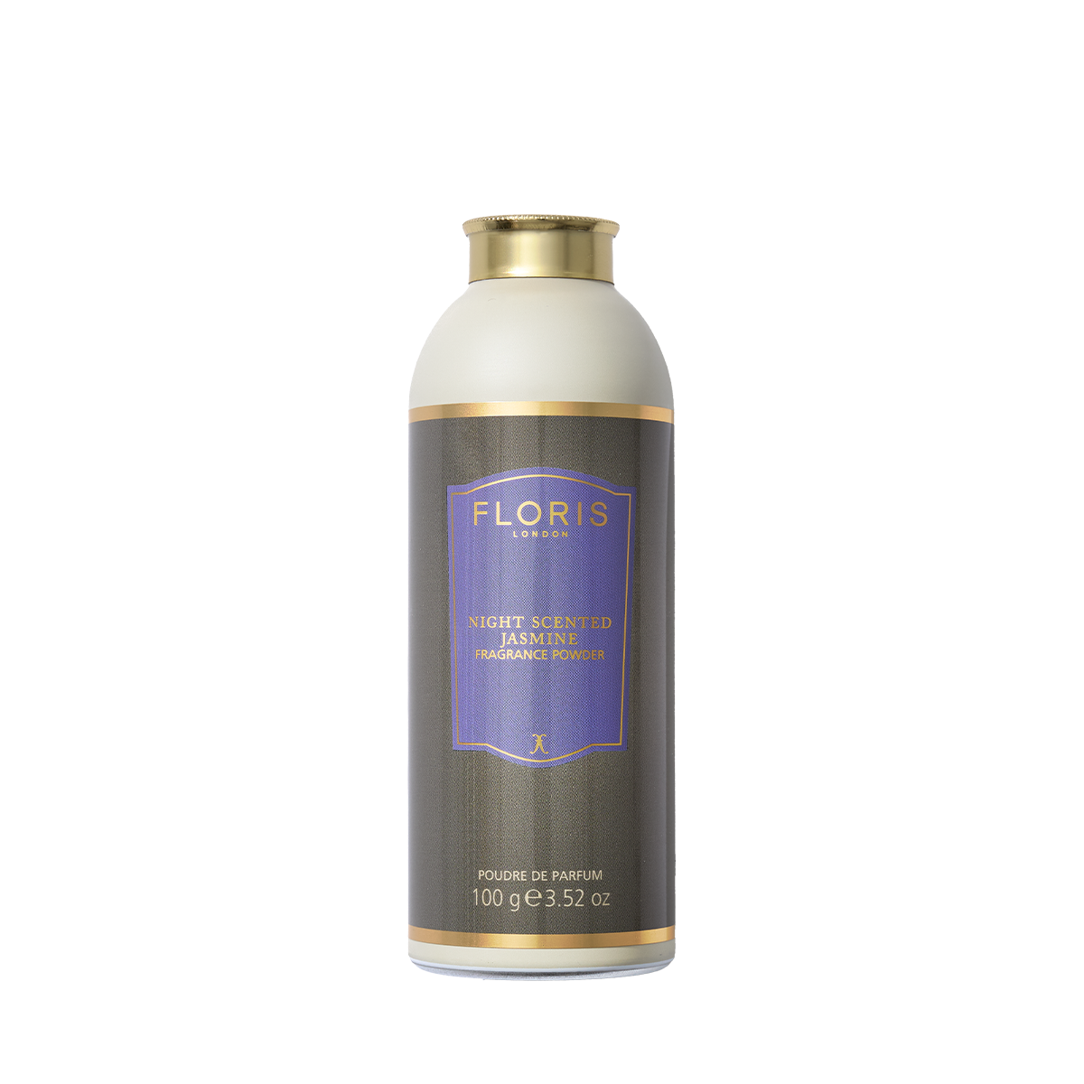 Floris London’s Night Scented Jasmine Fragrance Powder, 100g, features soothing aloe vera and comes in an elegant gold and purple label.