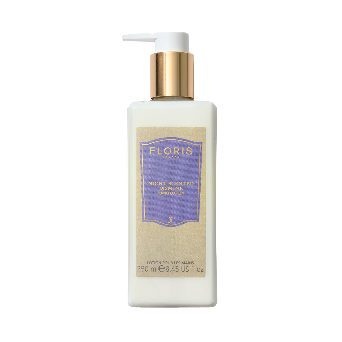 A bottle of Floris London Night Scented Jasmine Luxury Hand Lotion with a gold pump, purple label, vitamin E, and nourishing sweet almond oil.