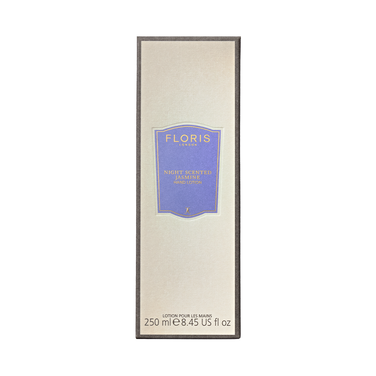 Floris London Night Scented Jasmine Luxury Hand Lotion, 250ml, comes in a beige box with blue label; enriched with vitamin E and sweet almond oil.