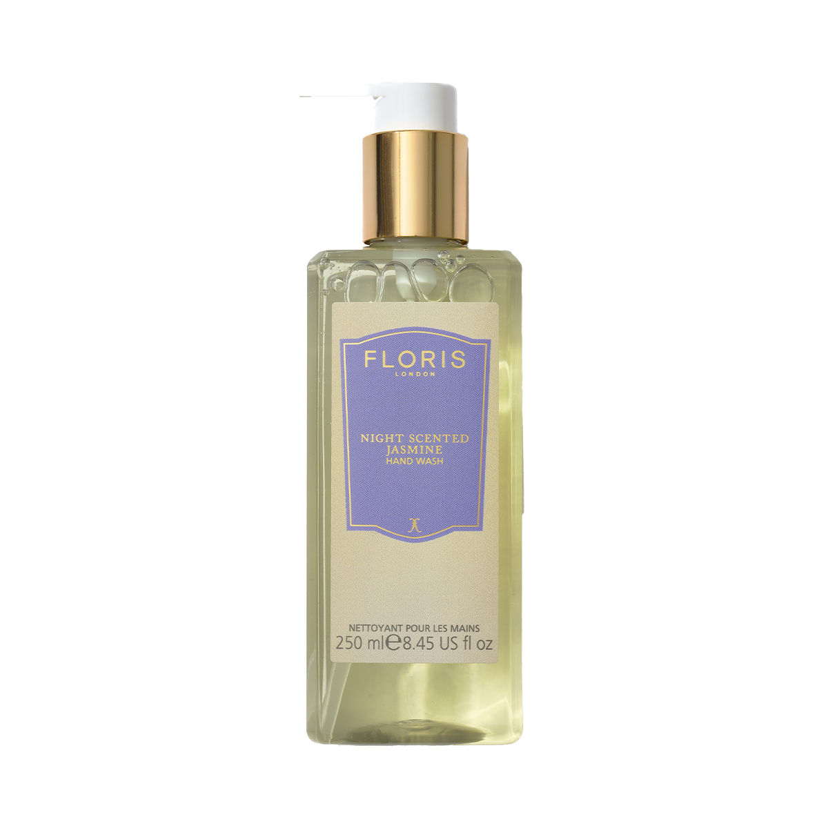 A 250ml clear pump bottle of Floris London Night Scented Jasmine Luxury Hand Wash with a gold cap, enriched with coconut and olive extracts.