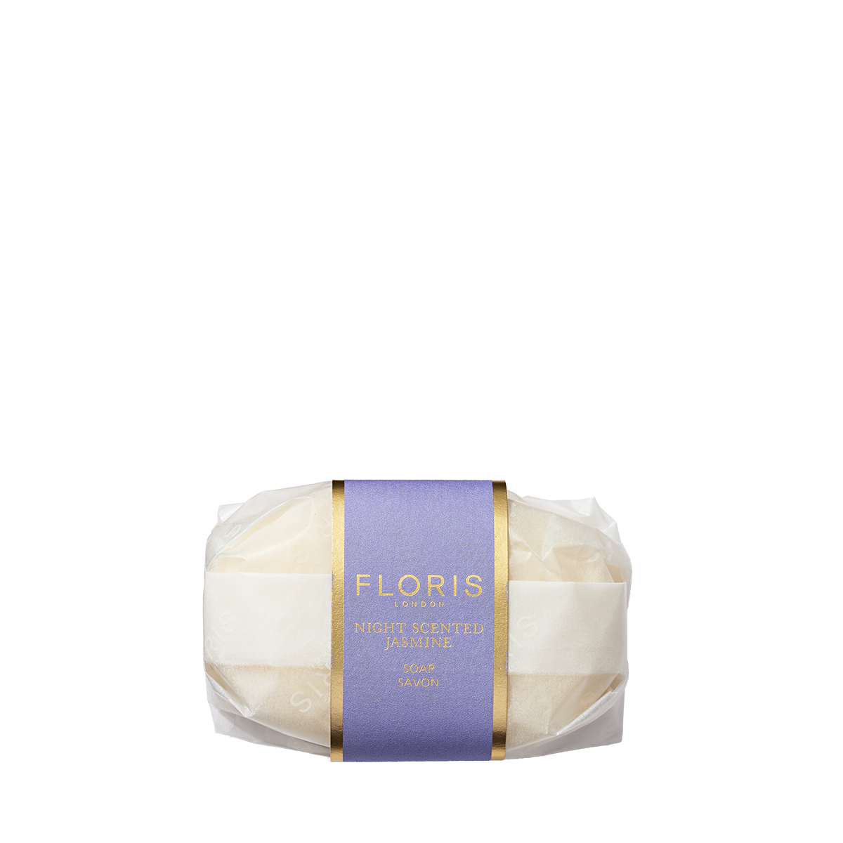 Floris London Night Scented Jasmine - Luxury Soap features a delicate floral scent and comes wrapped with an elegant purple and gold label.