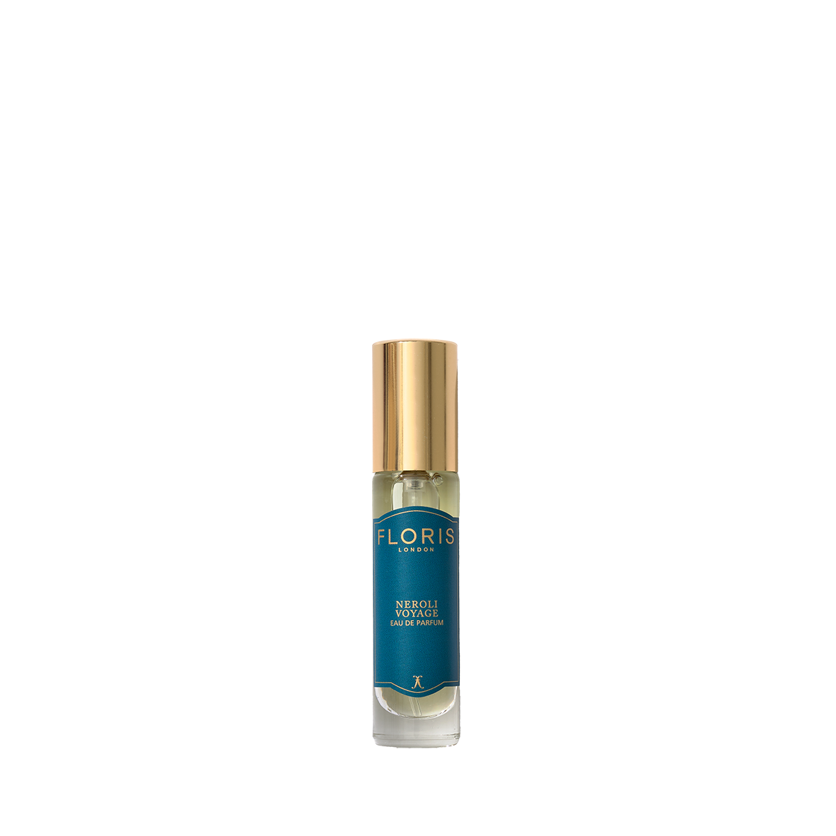 A small glass bottle with a gold cap and blue label, Floris London Neroli Voyage Eau de Parfum blends citrus notes with a fresh marine scent.