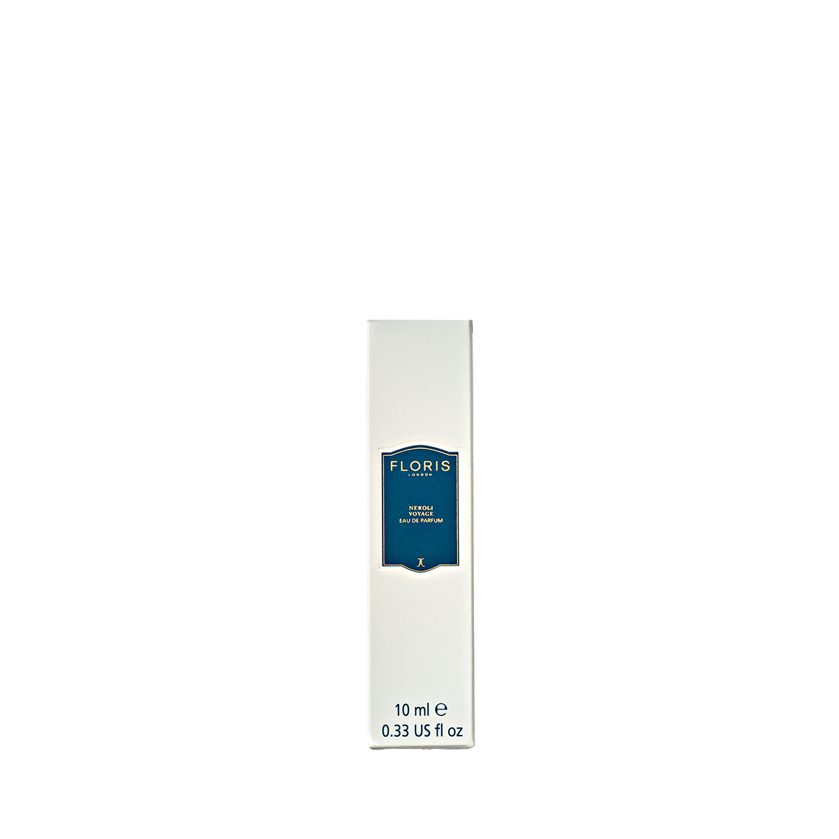 A 10ml Neroli Voyage Eau de Parfum by Floris London, in a white bottle with a blue label and neroli scent, rests on a plain background.