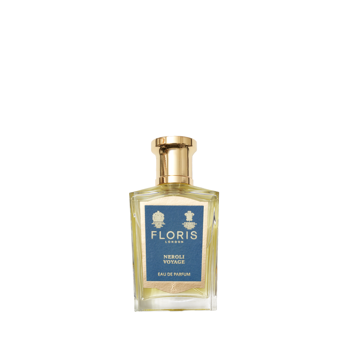 A Floris London Neroli Voyage Eau de Parfum bottle with a gold cap and blue label, featuring citrus and subtle marine notes, on a white background.