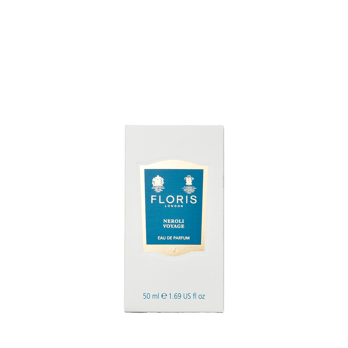 A white Floris London Neroli Voyage - Eau de Parfum box, 50ml, with a blue-gold label, features fresh neroli and subtle marine notes.