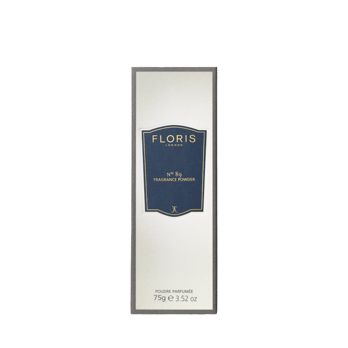 Floris London No. 89 Fragrance Powder, 75g, with soothing aloe vera in a classic navy and silver box.