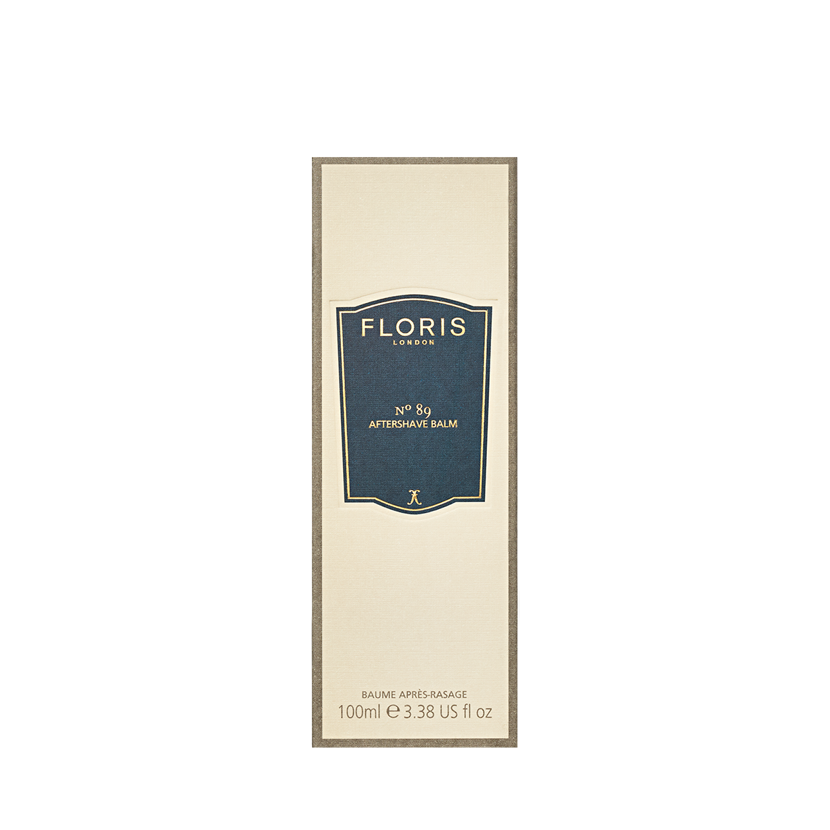 Floris London's No. 89 hydrating aftershave balm in a beige box with a blue label, a classic English gentleman's fragrance, 100ml size.