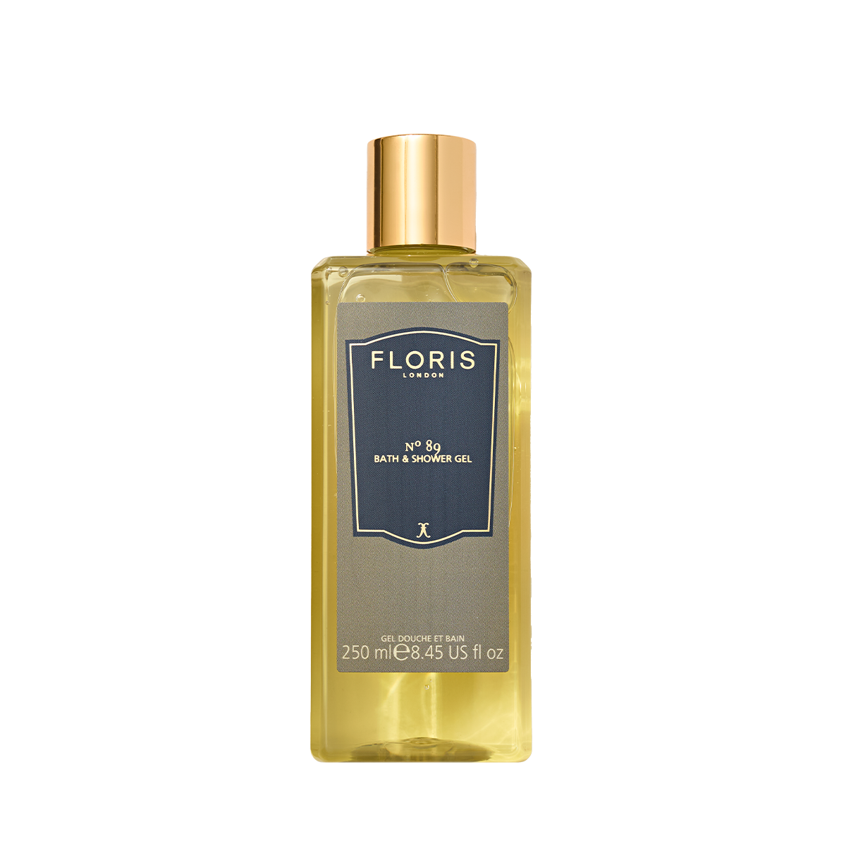 A 250ml bottle of Floris London No. 89 Bath & Shower Gel—a refined English fragrance with a subtle hint of sandalwood.