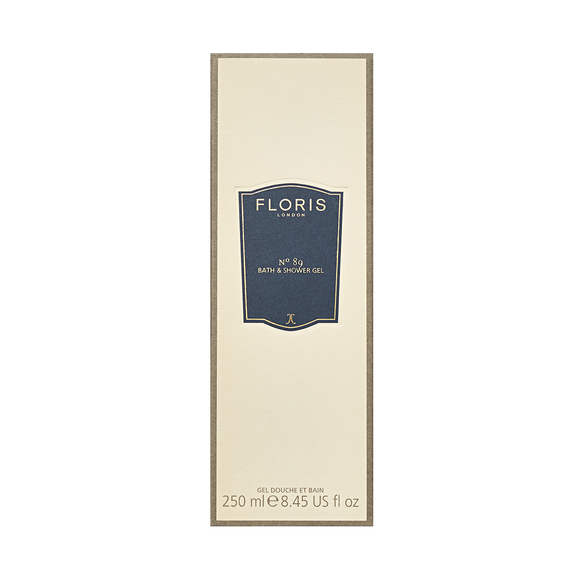 Floris London No. 89 Bath & Shower Gel 250ml—an iconic English gentleman’s fragrance with sandalwood notes, in a beige box with navy label.