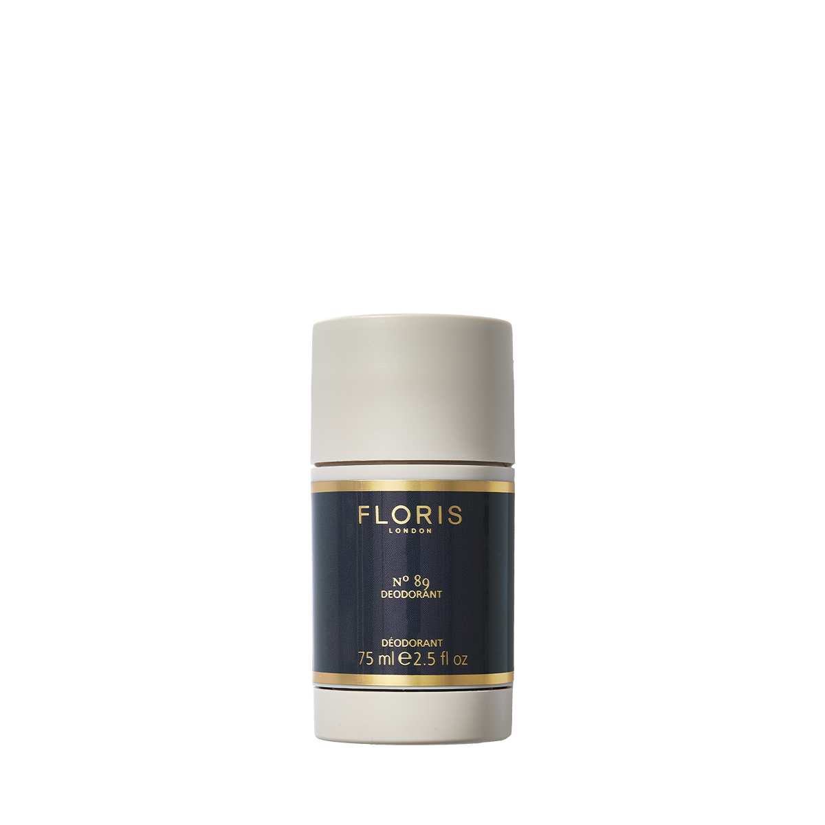Floris London No. 89 Deodorant Stick, 75ml, with a dark label and gold accents, offers classic cologne notes of orange and bergamot.