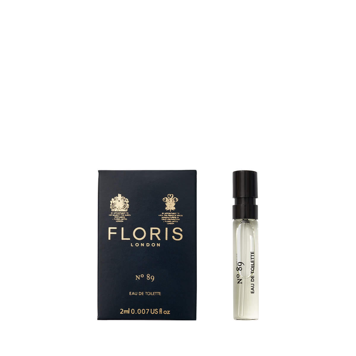 A Floris London No. 89 - Eau de Toilette sample vial beside its stylish box—a classic men's scent in signature Floris packaging.