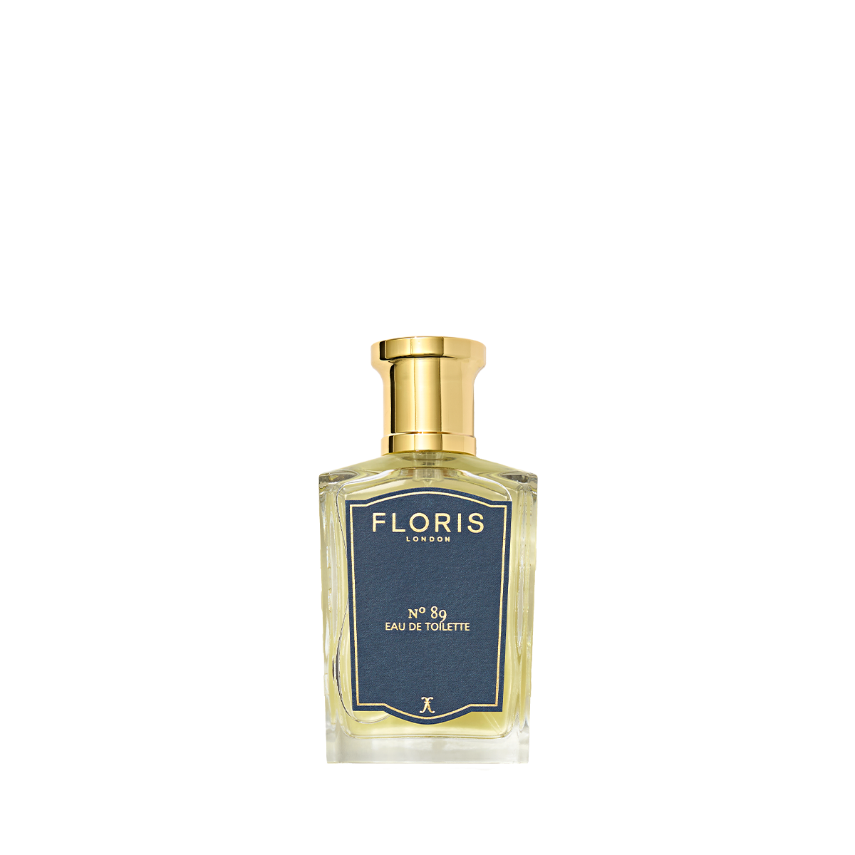 A clear glass bottle of Floris London No. 89 Eau de Toilette, featuring a gold cap and classic blue label.