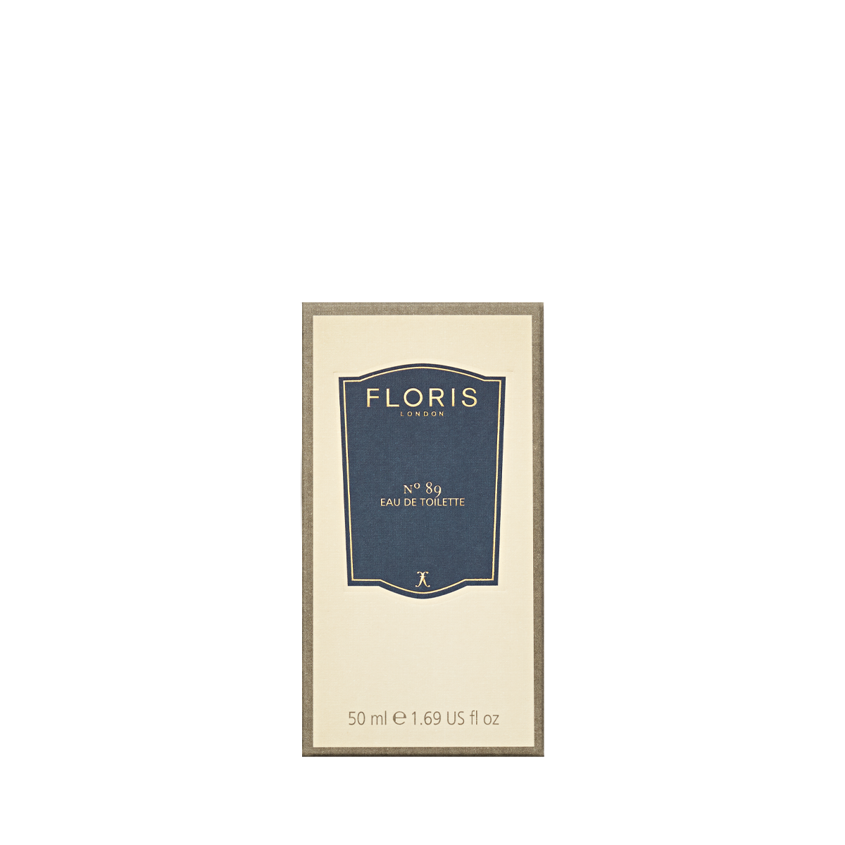 A 50ml Floris London No. 89 Eau de Toilette box in beige and navy, a signature scent displayed against a white background.