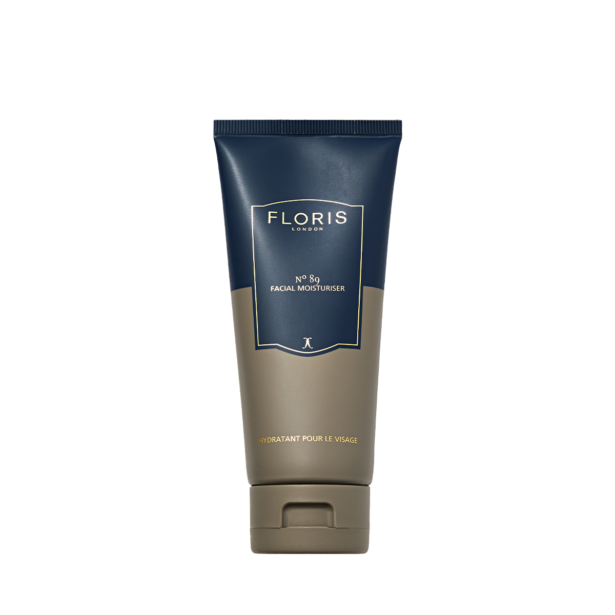 A tube of Floris London No. 89 Facial Moisturiser with a navy and gold label, enriched with borage oil and Persian silk tree extract.