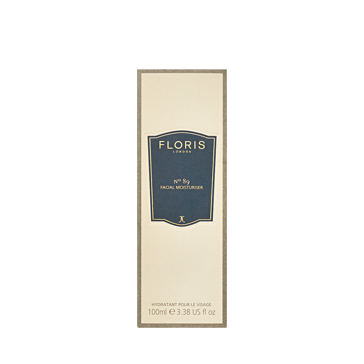 Floris London No. 89 Facial Moisturiser, 100ml, in a beige box with blue and gold label; enriched with borage oil for smooth, hydrated skin.