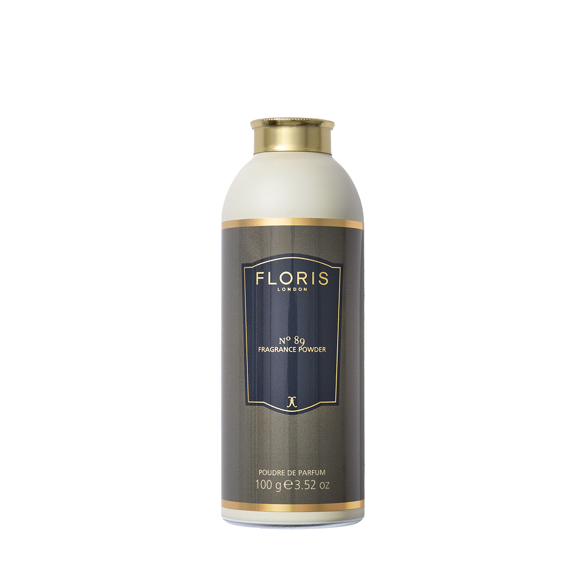 Floris London No. 89 Fragrance Powder, 100g, soothes and protects skin with gentle aloe vera; features a gold cap and dark label.