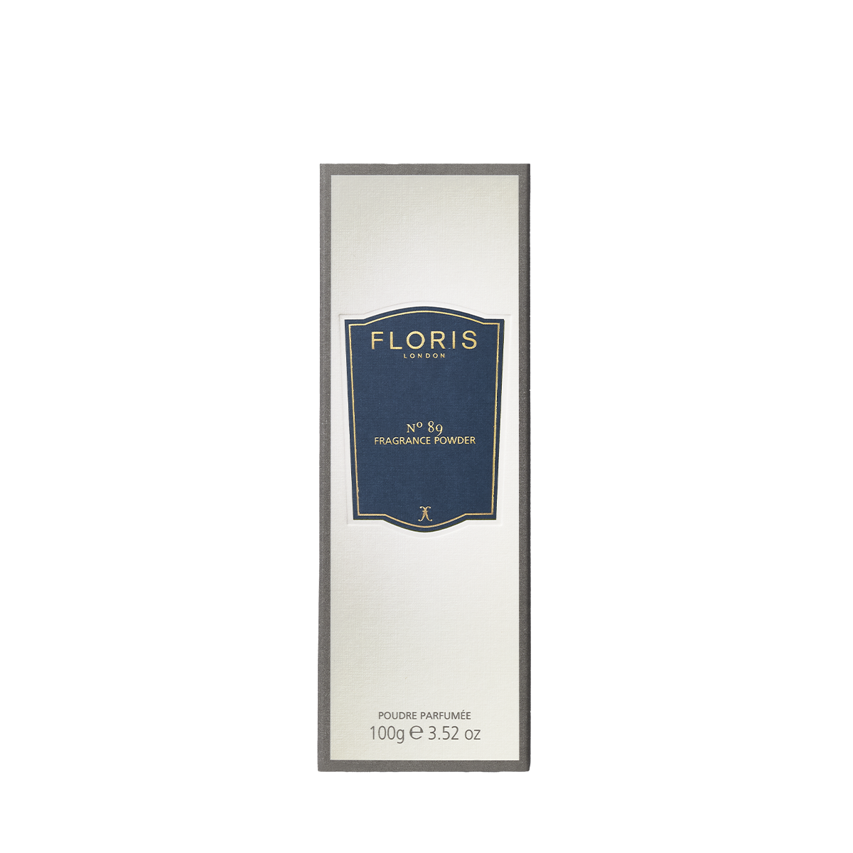 Floris London No. 89 - Fragrance Powder, 100g, comes in a rectangular box with a blue and silver label to soothe and protect skin.