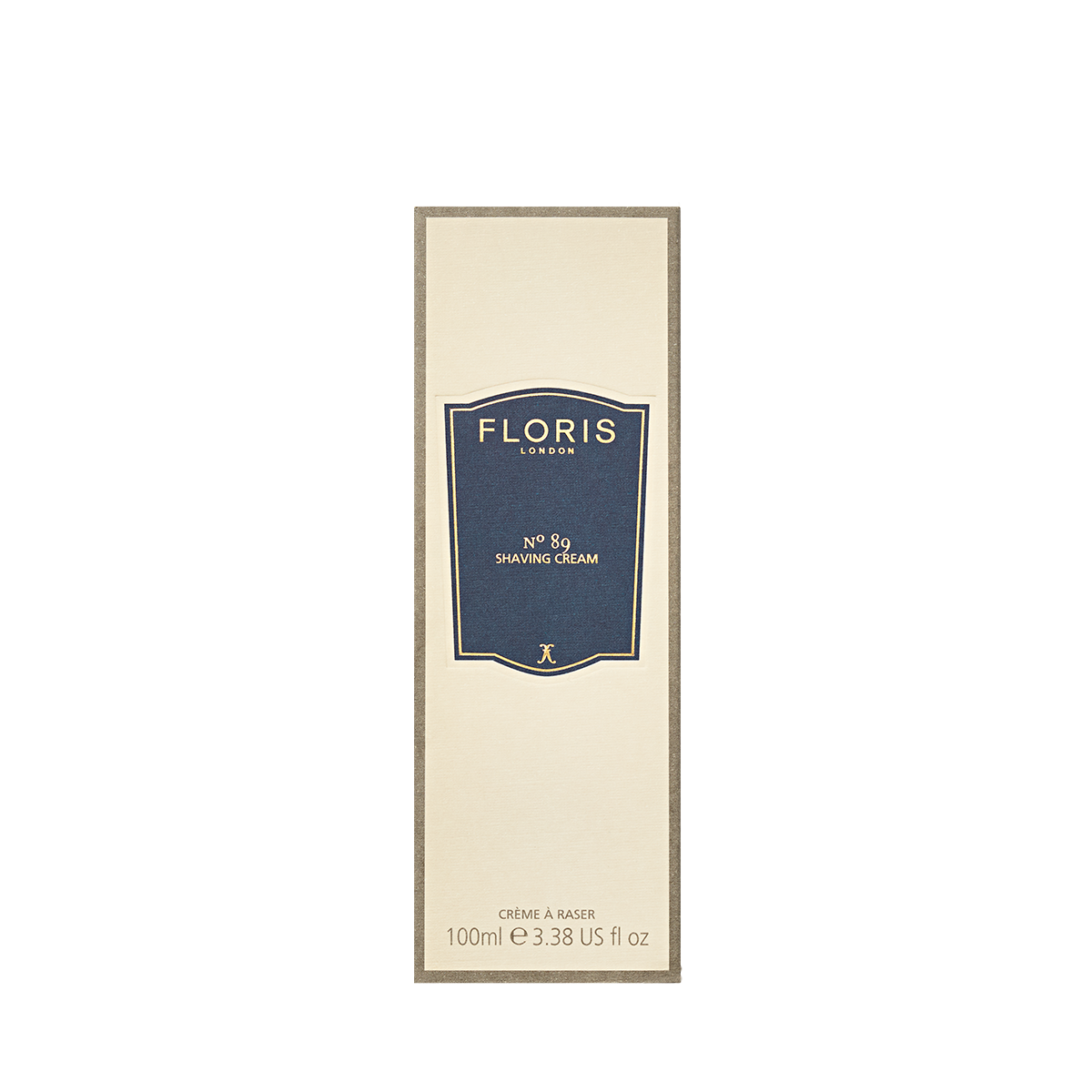 Floris London No. 89 - Shaving Cream 100ml, enriched with aloe vera and the signature No.89 scent, comes in a beige box with a navy label.