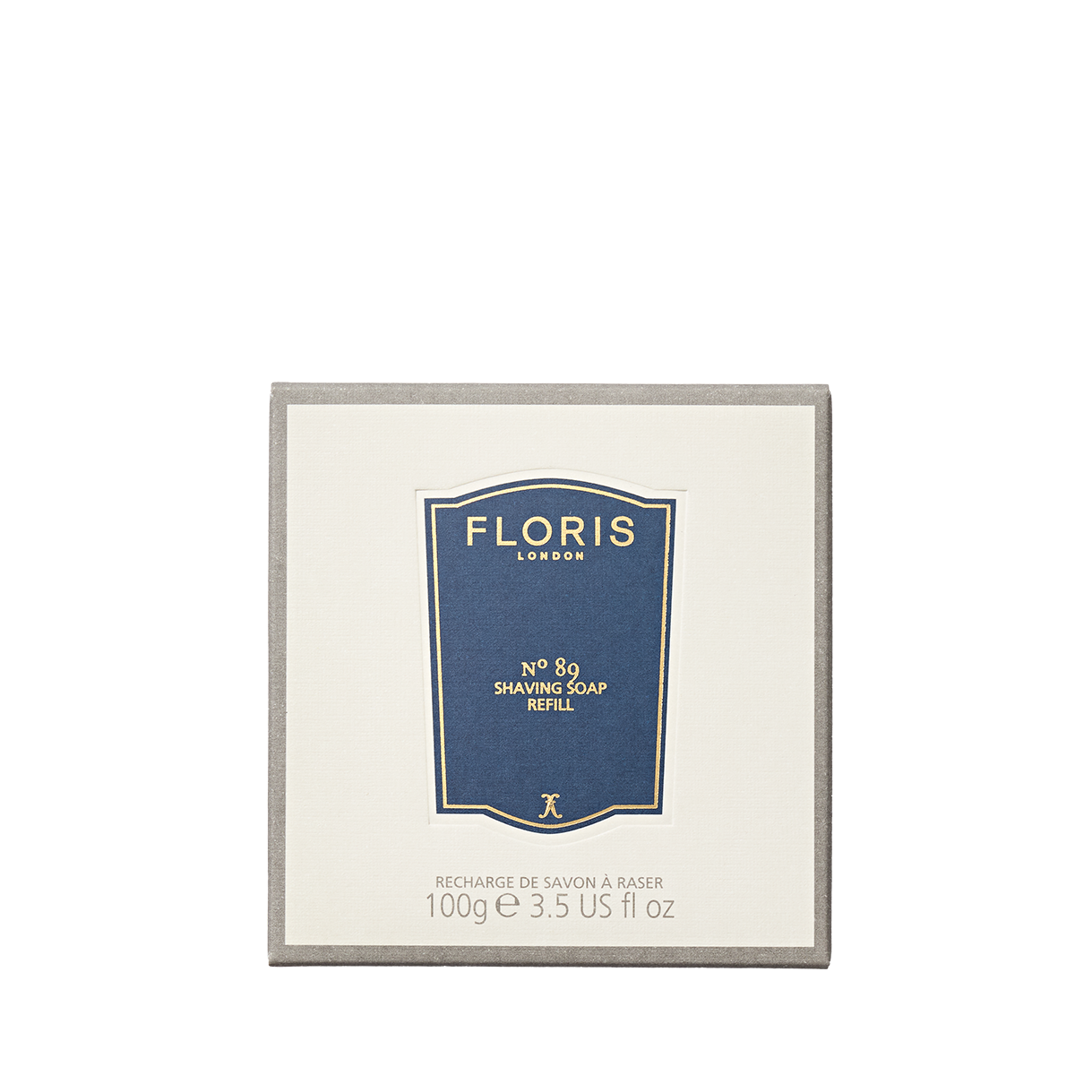 Floris London No. 89 - Shaving Soap Refill, 100g, shea butter in a square box with cream packaging, blue label, and a classic gentleman's scent.