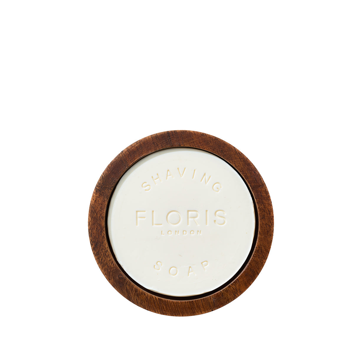 The No. 89 Shaving Soap & Bowl by Floris London features shea butter-infused soap in a wooden bowl, embossed with the brand for a luxurious shave.