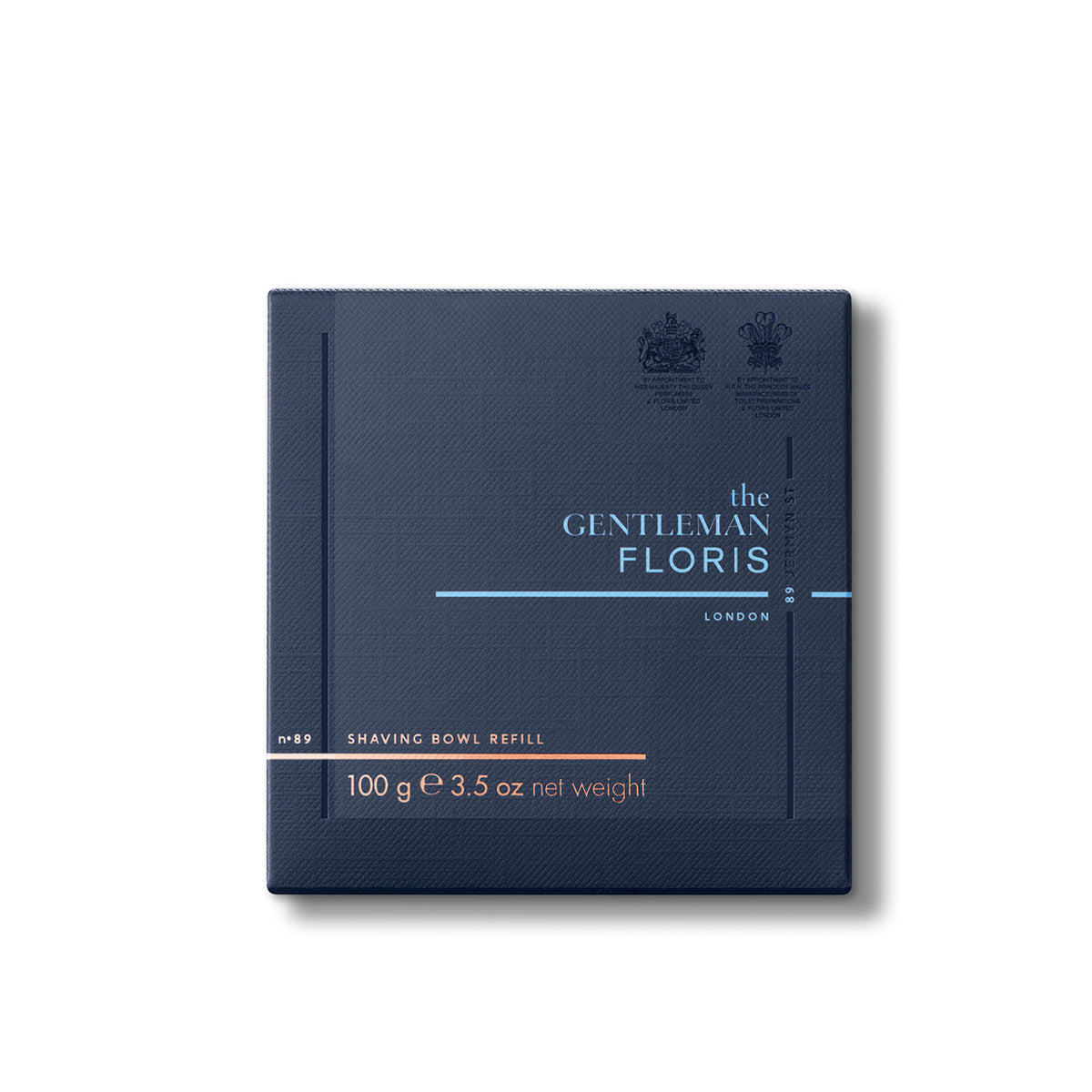Navy blue box of Floris London No. 89 Shaving Soap Refill, 100g, with silver and copper text. Scented with an English gentleman’s fragrance.