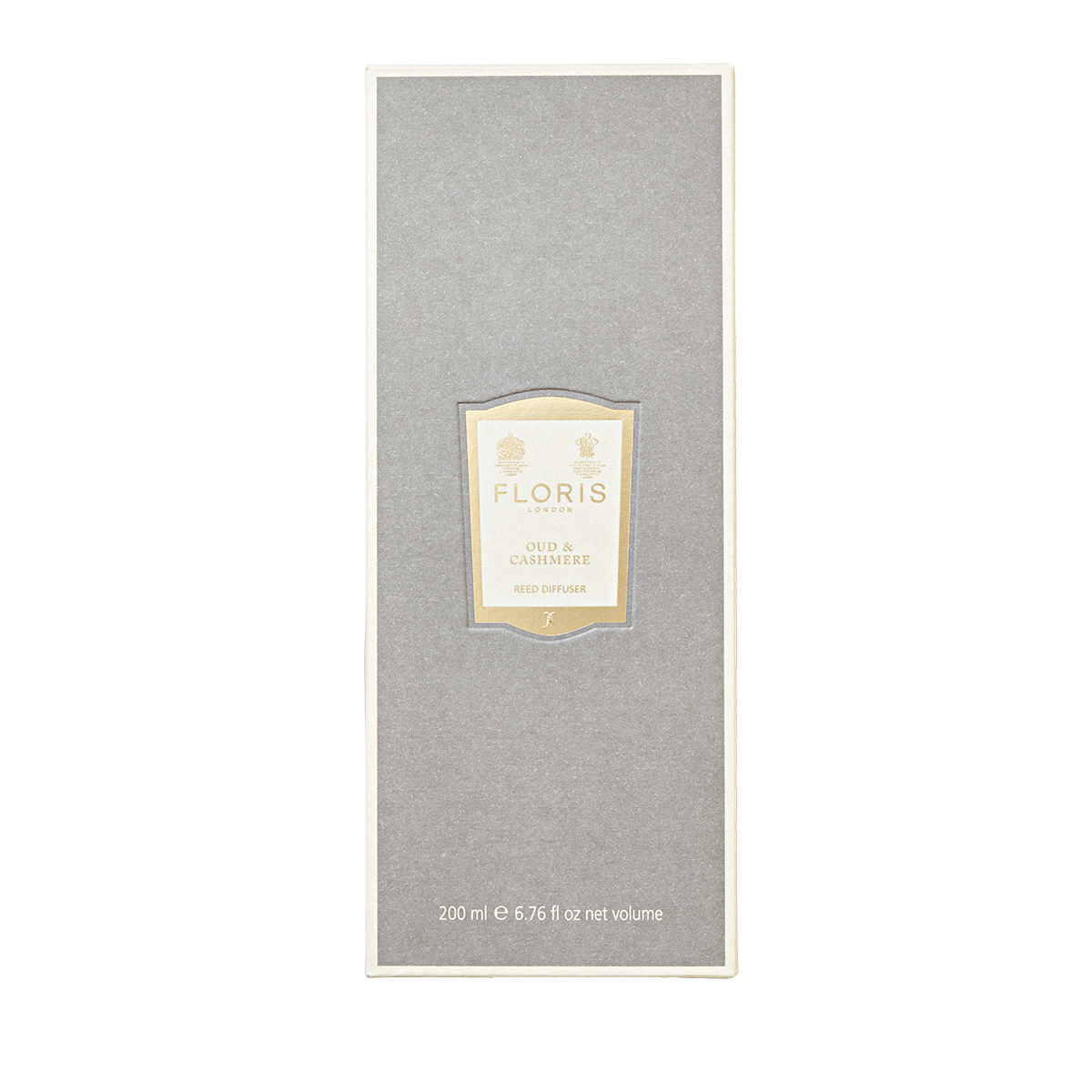 The Floris London Oud & Cashmere Reed Diffuser, 200 ml, features a stylish grey box with a cream label—an elegant way to elevate any room.