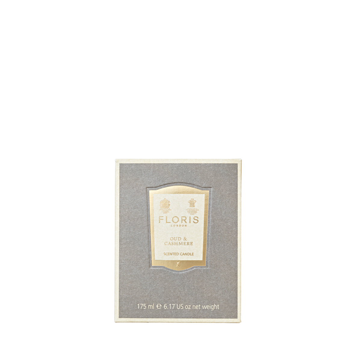 Floris London Oud & Cashmere Scented Candle, 175 ml—an elegant home fragrance in a gold and gray box, perfect for any space.