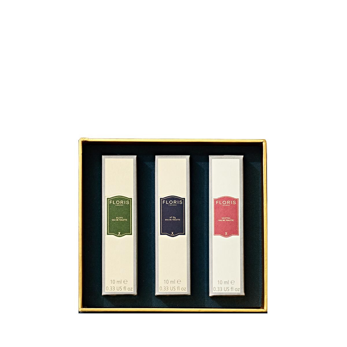 Floris London US Perfumer's Trilogy: For Him boxed set includes three perfume bottles in white packaging with green, blue, and red labels.