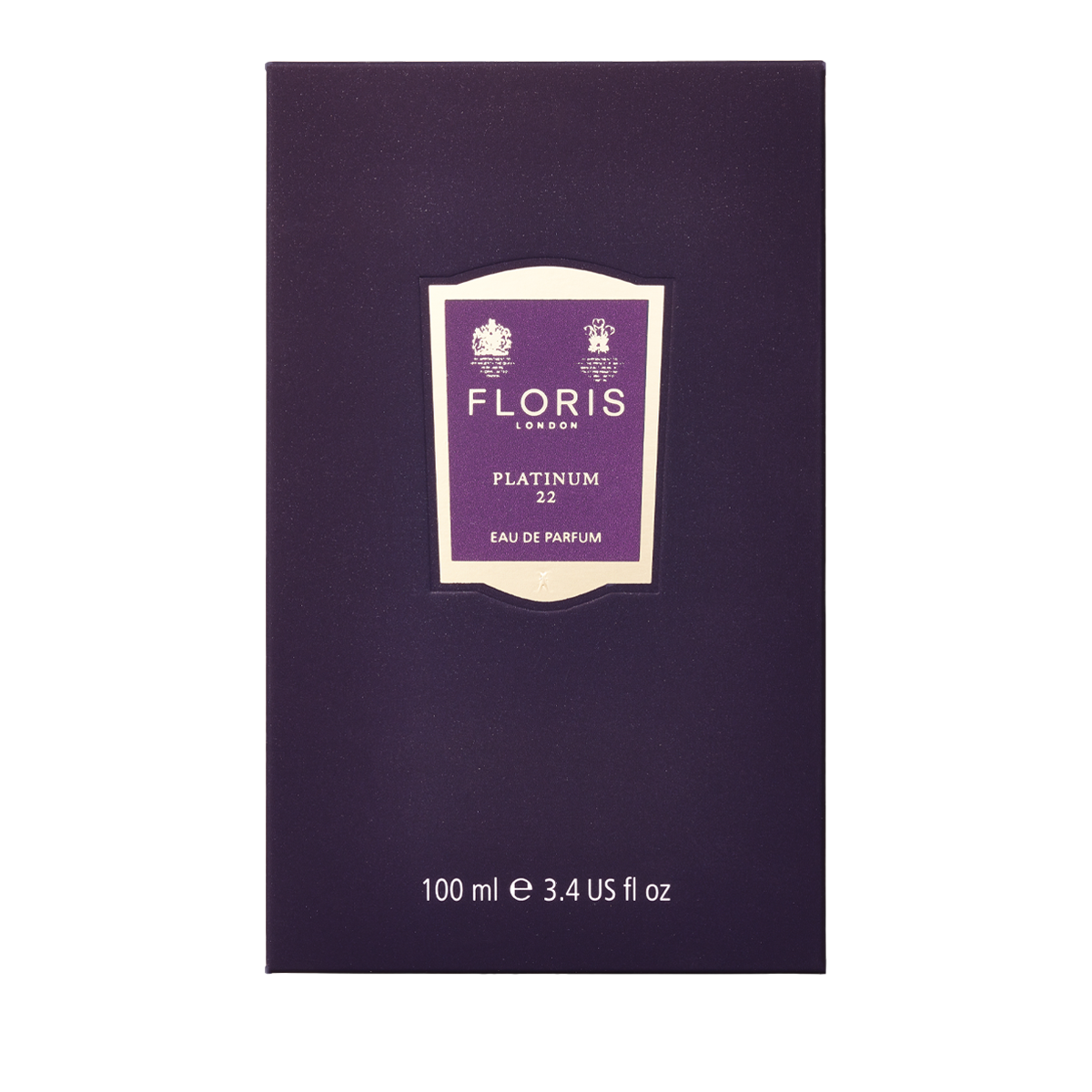 A 100ml Floris London Platinum 22 - Eau de Parfum box in purple with gold and white labels—luxury fragrance defined.