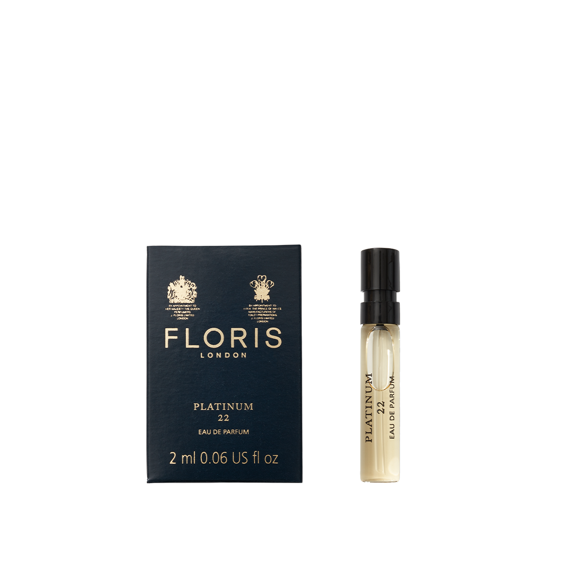 A 2 ml vegan sample vial of Floris London Platinum 22 - Eau de Parfum sits next to its dark blue box.