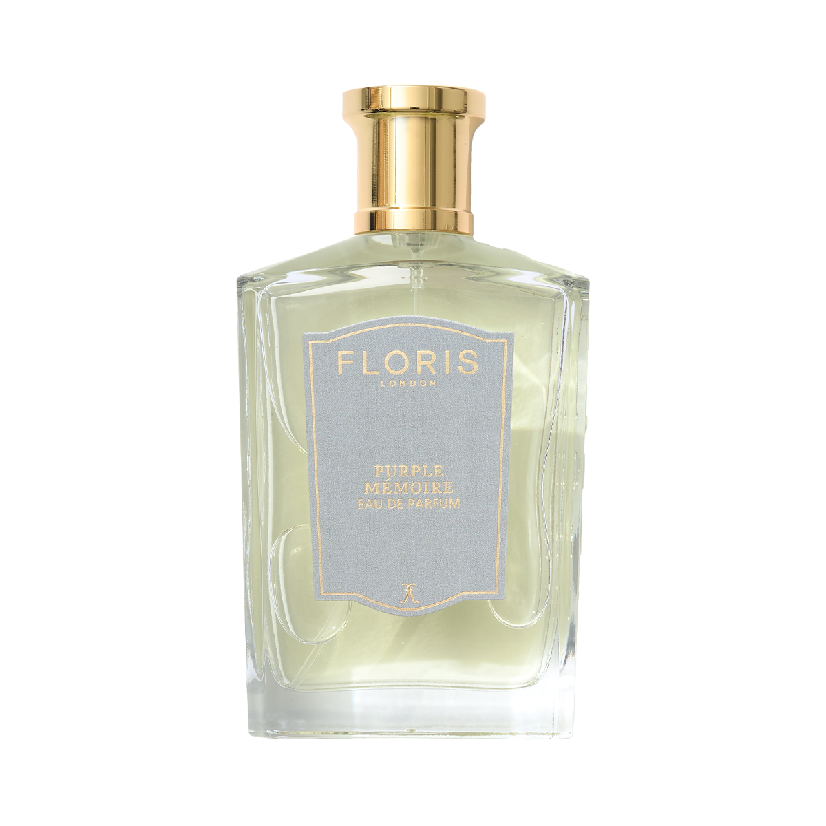 Floris London Purple Mémoire - Eau de Parfum comes in a clear glass bottle with a gold cap and label, radiating classic English charm.