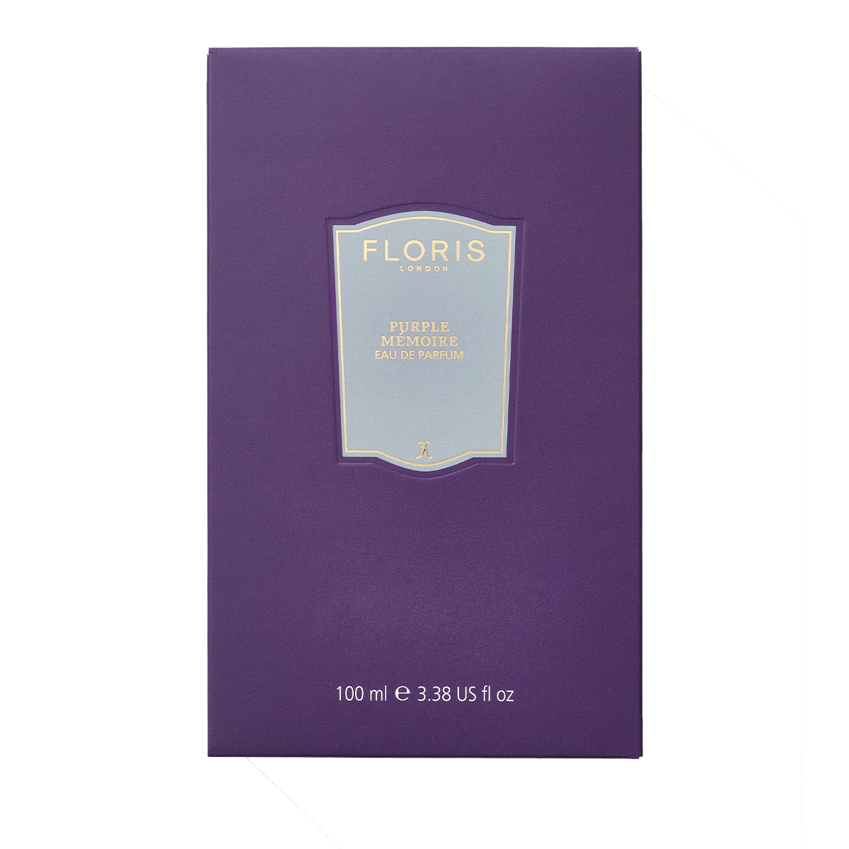 A 100 ml Floris London Purple Mémoire Eau de Parfum box with gold and white label—a sophisticated fragrance with English charm.