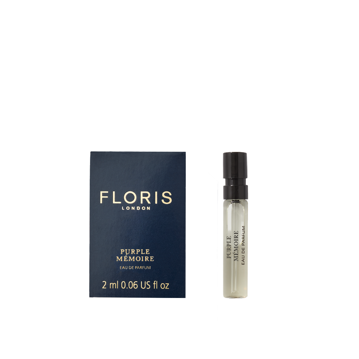 A 2ml Floris London Purple Mémoire - Eau de Parfum vial rests beside its dark blue box—a refined scent evoking classic English elegance.