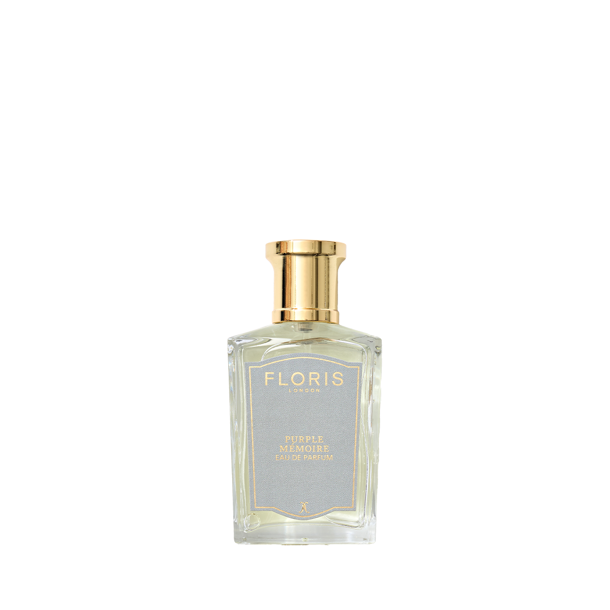 A clear glass Purple Mémoire Eau de Parfum bottle by Floris London, with a gold cap and elegant label, exudes English charm and sophisticated scent.