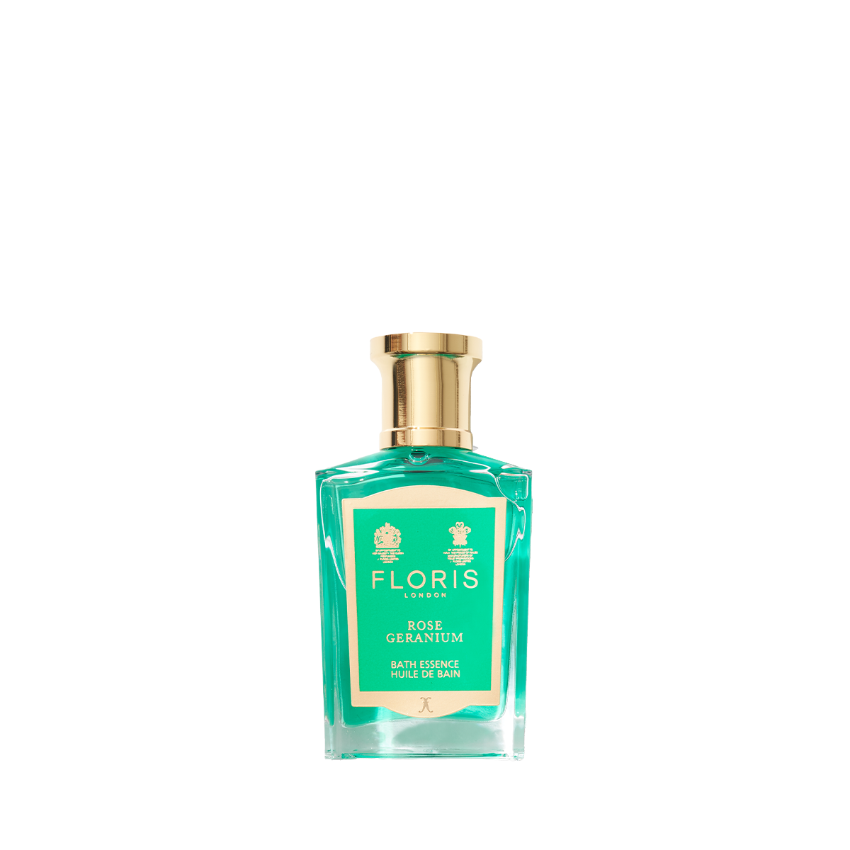 Floris London's Rose Geranium – Bath Essence features a green bottle with gold cap; this luxurious bath perfume leaves skin soft and delicately scented.
