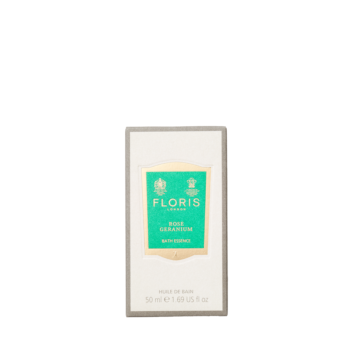 Floris London Rose Geranium Bath Essence, 50ml, softens skin with a delicate perfume; features a green and gold front label.