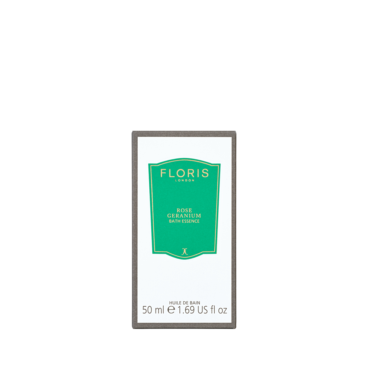 Floris London Rose Geranium Bath Essence, 50ml: indulge in a scented bath that leaves your skin silky smooth. Green and white label.