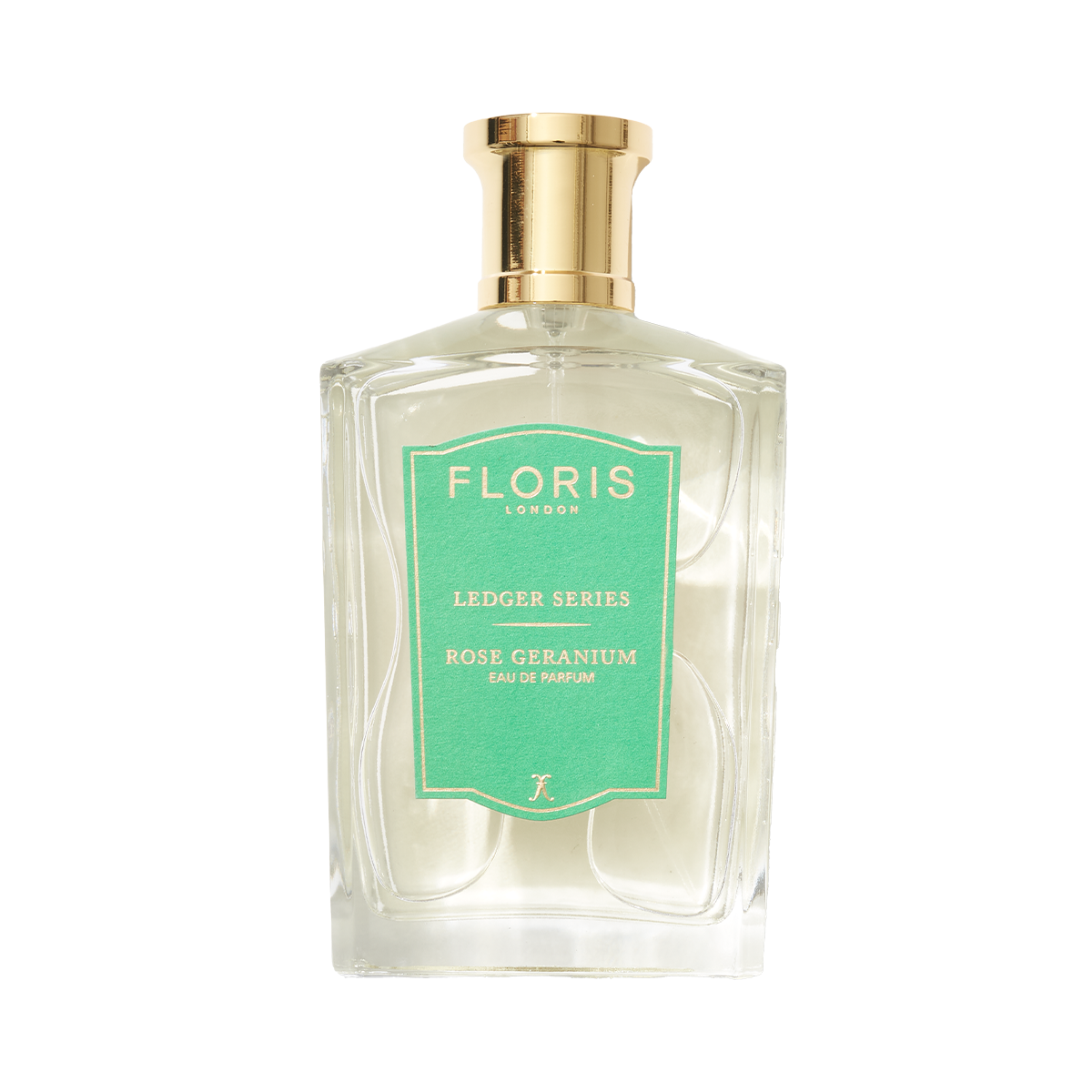 The Floris London Rose Geranium perfume bottle, featuring a gold cap and green label, embodies floral grace and aromatic allure.